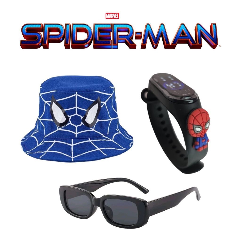 Kit Infantil Homem Aranha Chapeu Bucket Óculos de Sol  Relogio Led Digital Kit Praia Infantil Homem Aranha