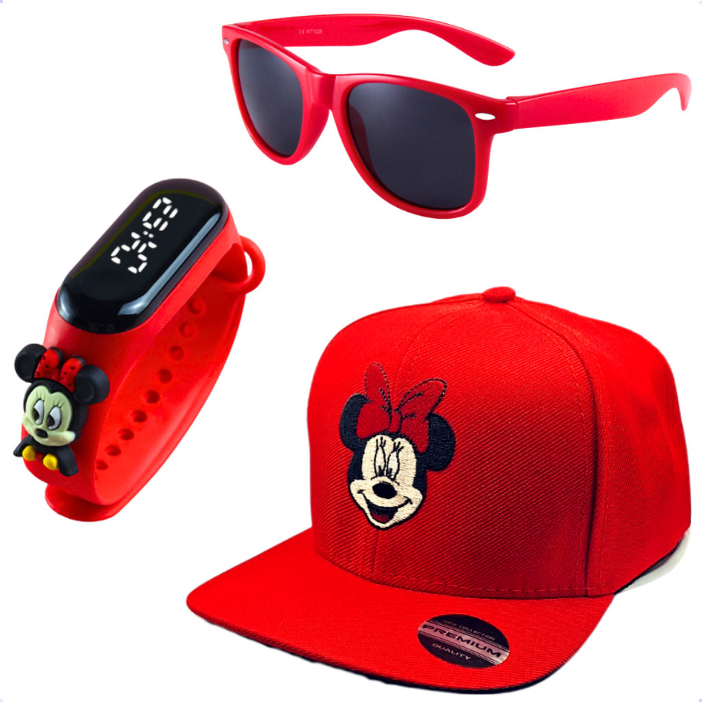 Barato Kit Boné + Óculos Sol + Relogio Digital Led Bordado Super Premium Minnie Mickey Personagens Disney Presente