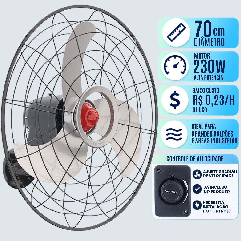 Ventilador Osc Parede Ventisol Power 70cm 230w 3 Pás Bivolt Para Igreja Academia Galpão Loja
