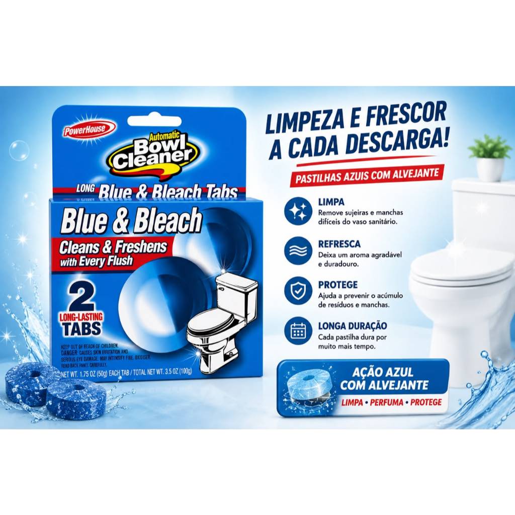 PowerHouse Automatic Bowl Cleaner Blue & Bleach 2 Pastilhas para Caixa Acoplada Vaso Sanitário Original Importado