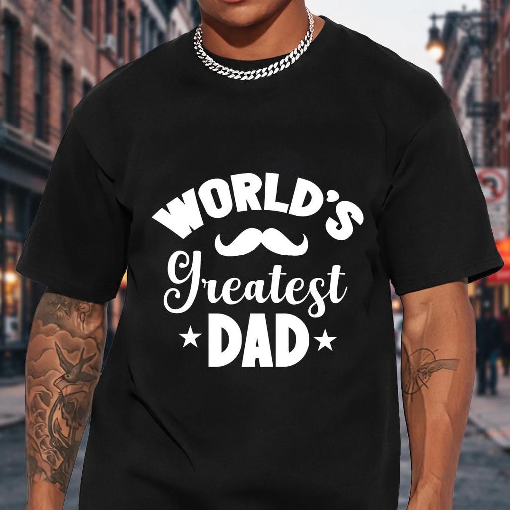 Camiseta Preta Masculina Manga Curta Estampa World's Greatest Dad Bigode Estrelas Presente Dia dos Pais Algodão Premium