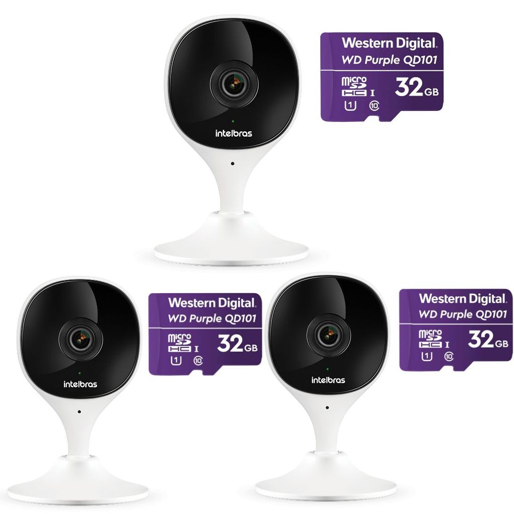 Kit 3 Câmeras Wi-Fi Inteligente Com Alarme e Armazenamento em Nuvem + Cartão de Memória 32 GB iMX C Intelbras