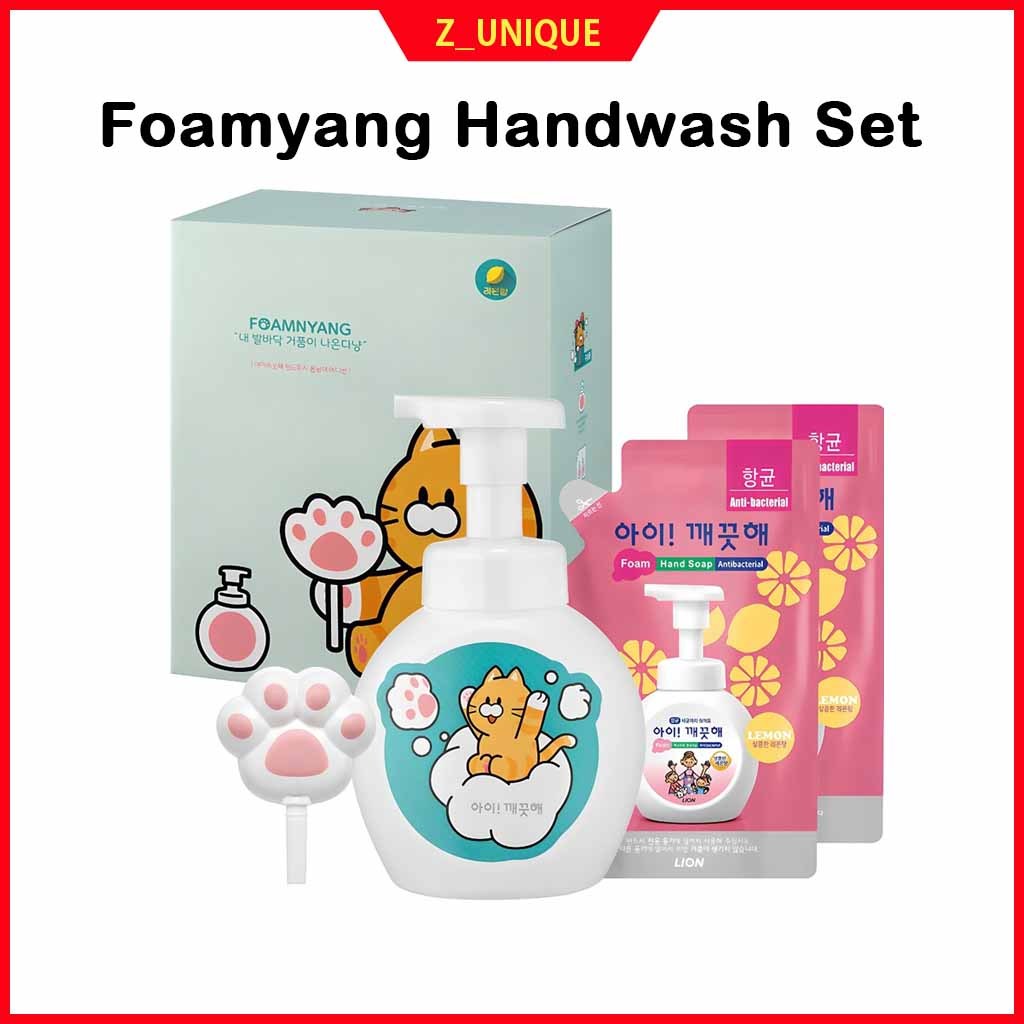 [Espuma De Gato Fofa] Conjunto De Lavagem À Mão Foamyang Cat Paw-Aroma De Limão , 250ml + 200ml x2 Recargas + Ferramenta De Pata + Adesivos