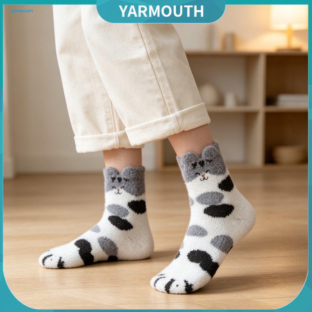 Soft Plush Home Socks Thickened Coral Velvet Cozy Cute Cat Paw Fuzzy for Women – Warm Fleece Slipper Winter Autumn Sle