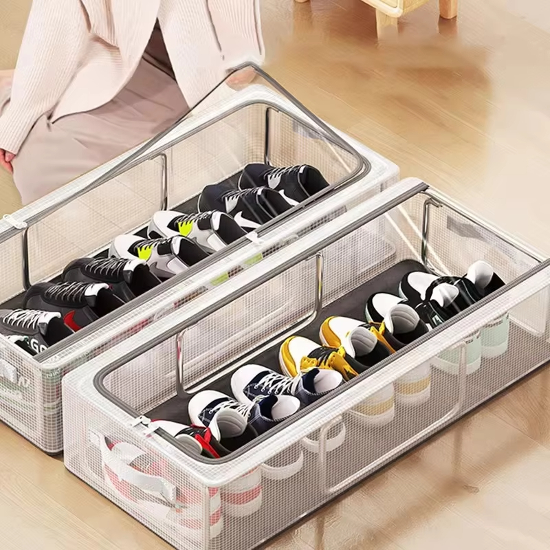 Com zíper Caixa de armazenamento empilhável para sapatos, caixa de armazenamento transparente multifuncional em concha