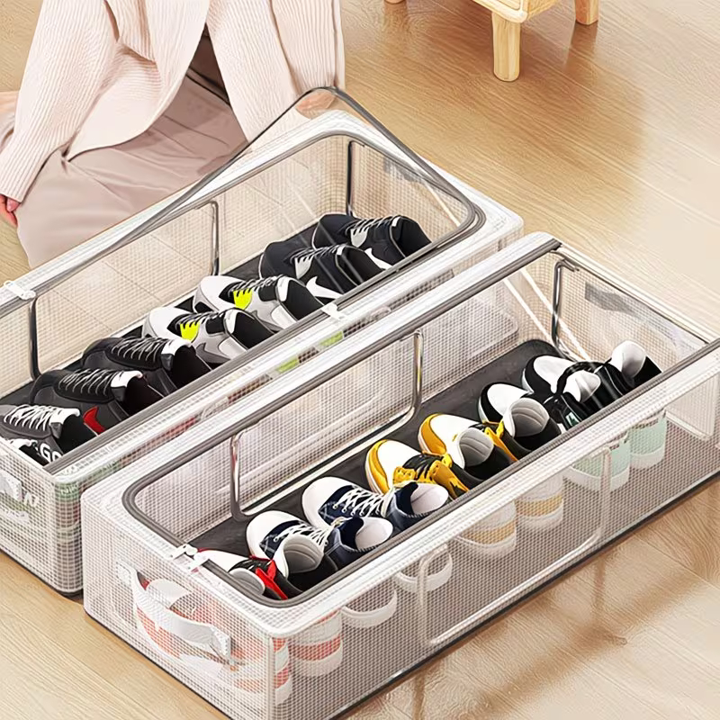Com zíper Caixa de armazenamento empilhável para sapatos, caixa de armazenamento transparente multifuncional em concha