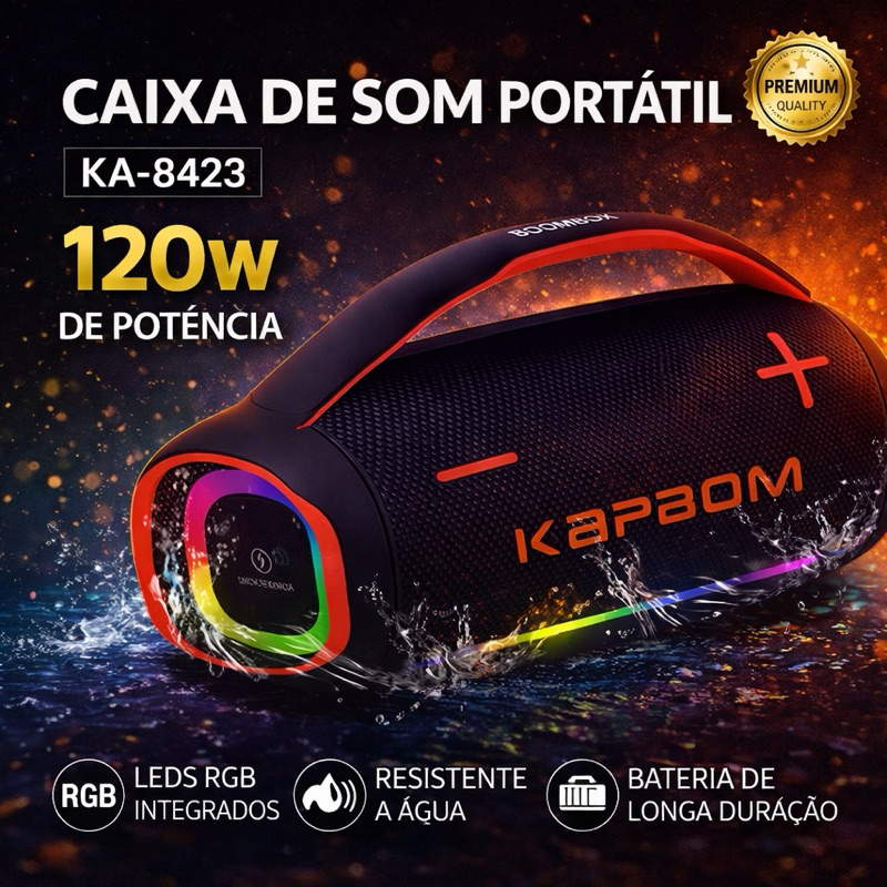 Caixa de Som Bluetooth Kapbom 120W Super Potente LED RGB Resistente à Água