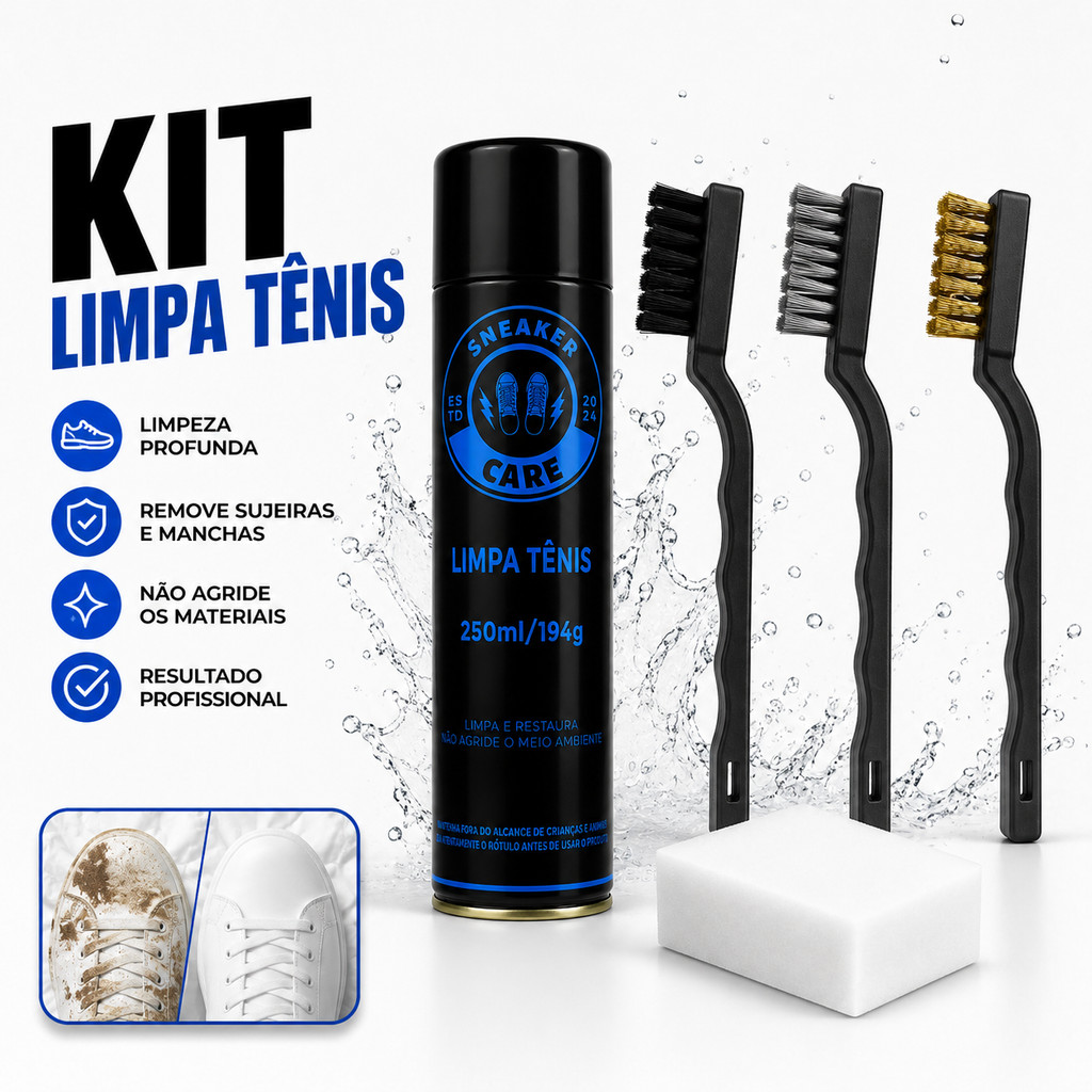 Kit Limpa Tênis Sneaker Care 250ml 3 Escovas + Esponja Mágica