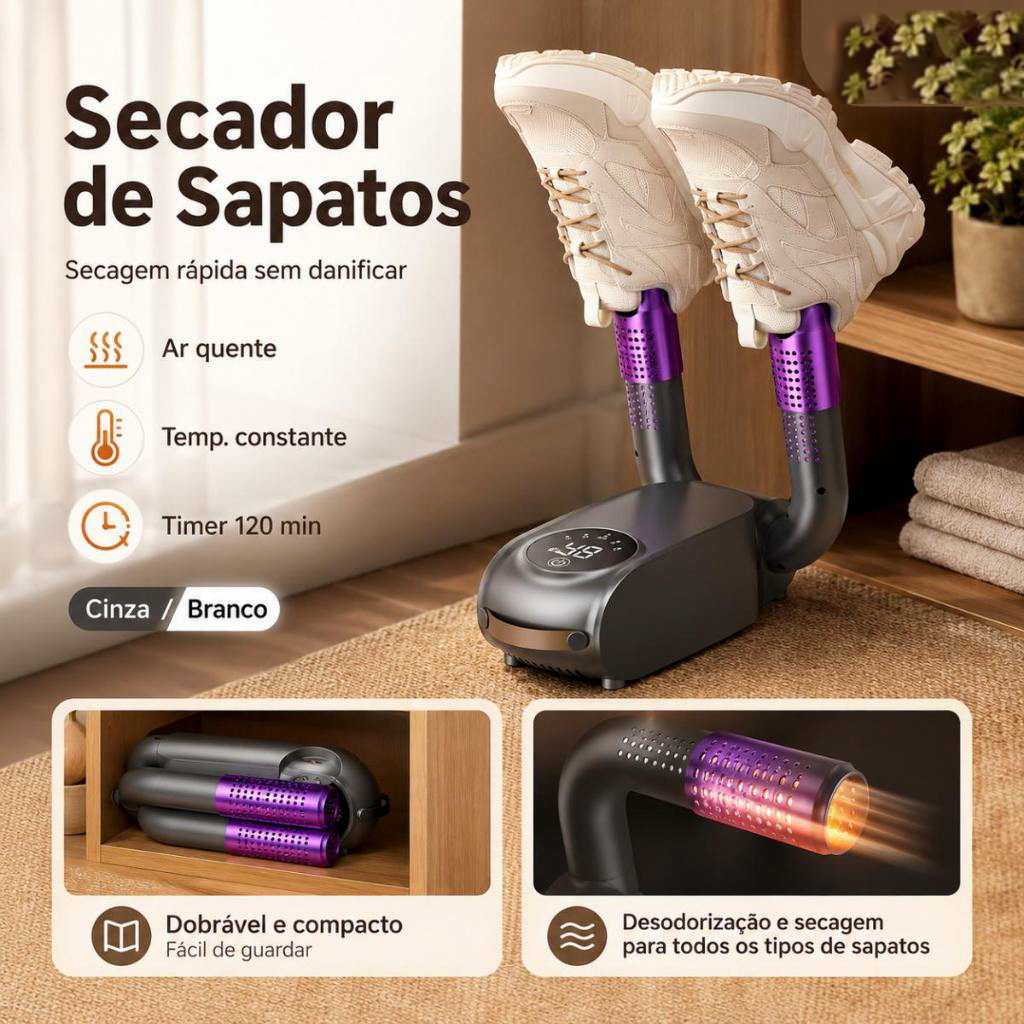 Secador Elétrico de Sapatos Portátil Dobrável para Tênis e Botas Removedor de Umidade e Mau Cheiro 110V/220V