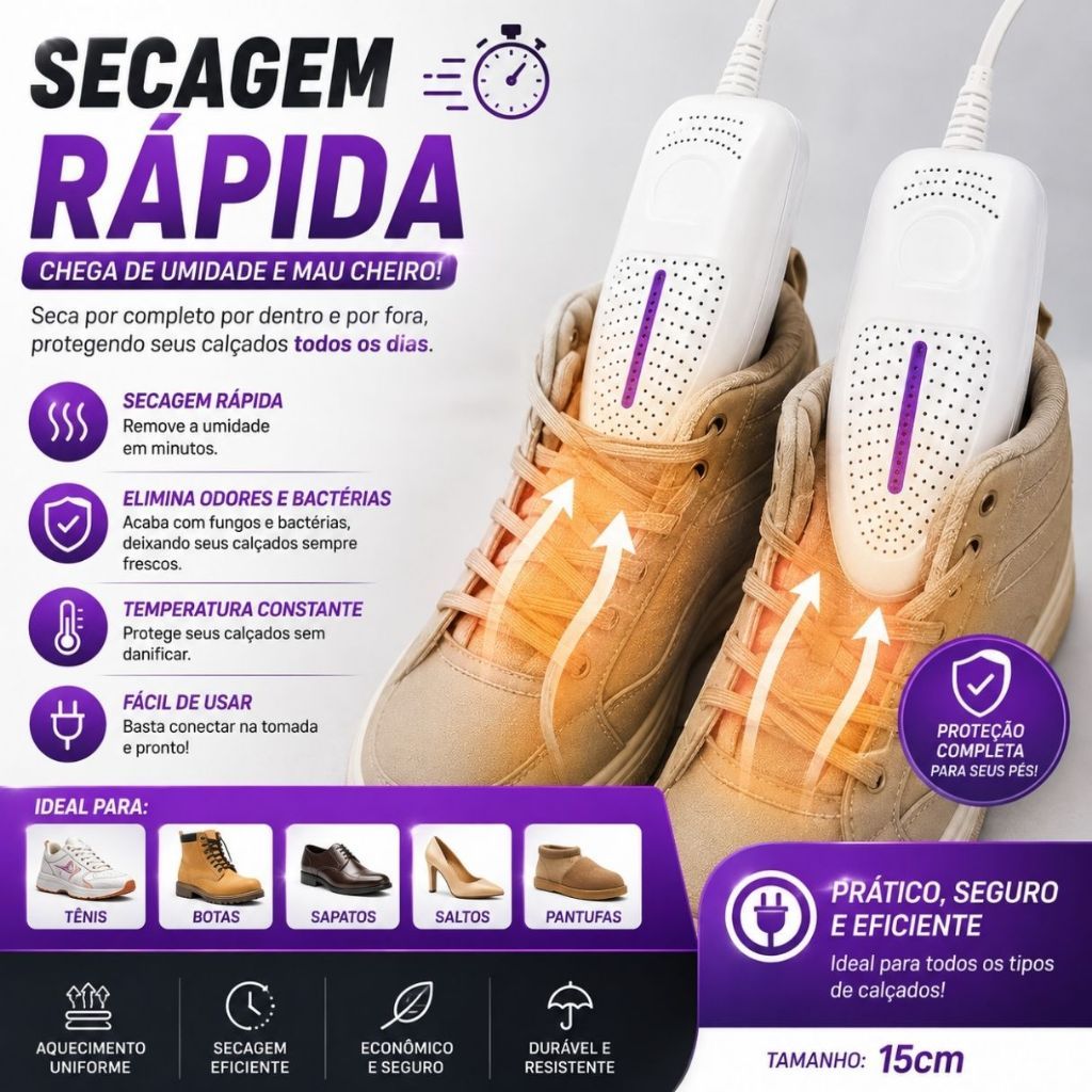 Secador de Calçados Elétrico Anti Odor Tênis Botas 15cm