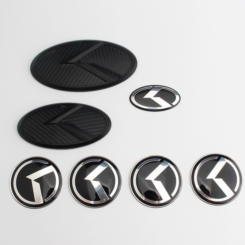 7 Pieces/Set K Adhesive Sticker Suitable for Kia Front Rear Steering Wheel Car Wheel Logo Cover Black Carbon Fiber Modif