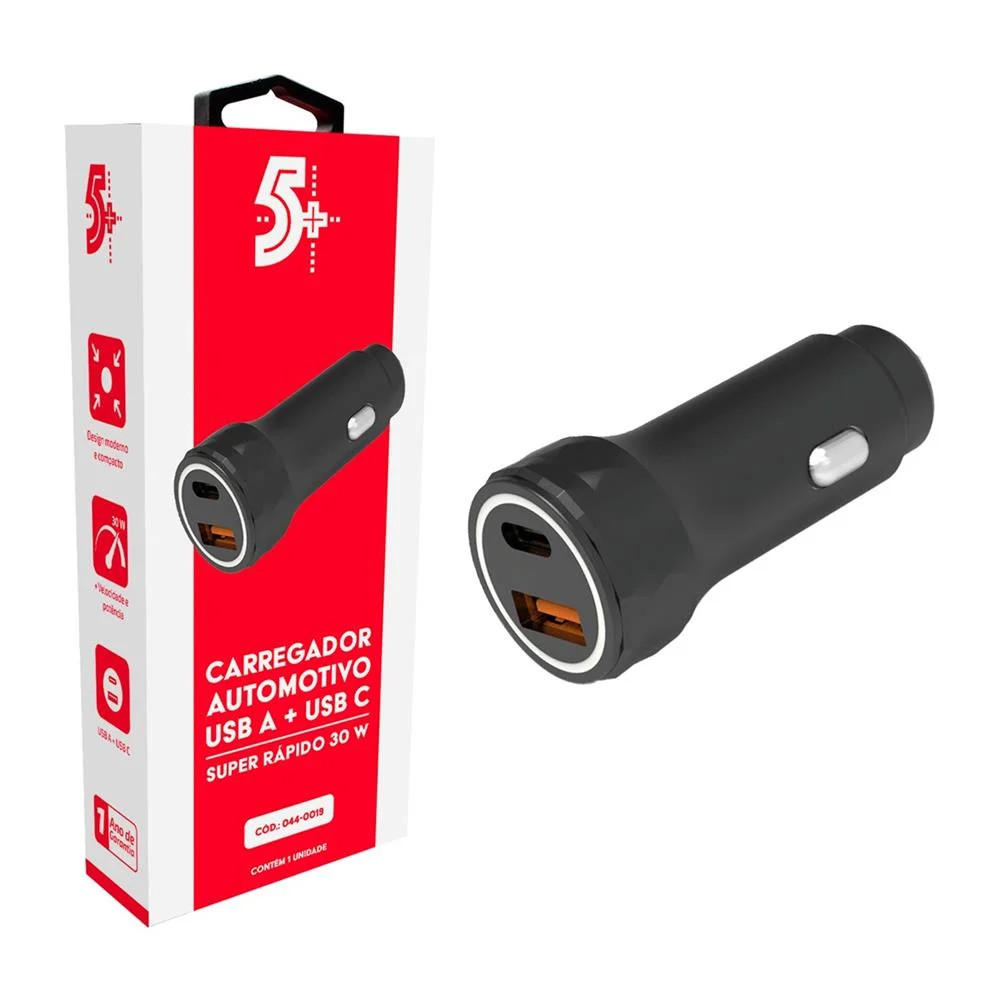 CARREGADOR USB AUTOMOTIVO SUPER RAPIDO DUPLO 30W PD A + C