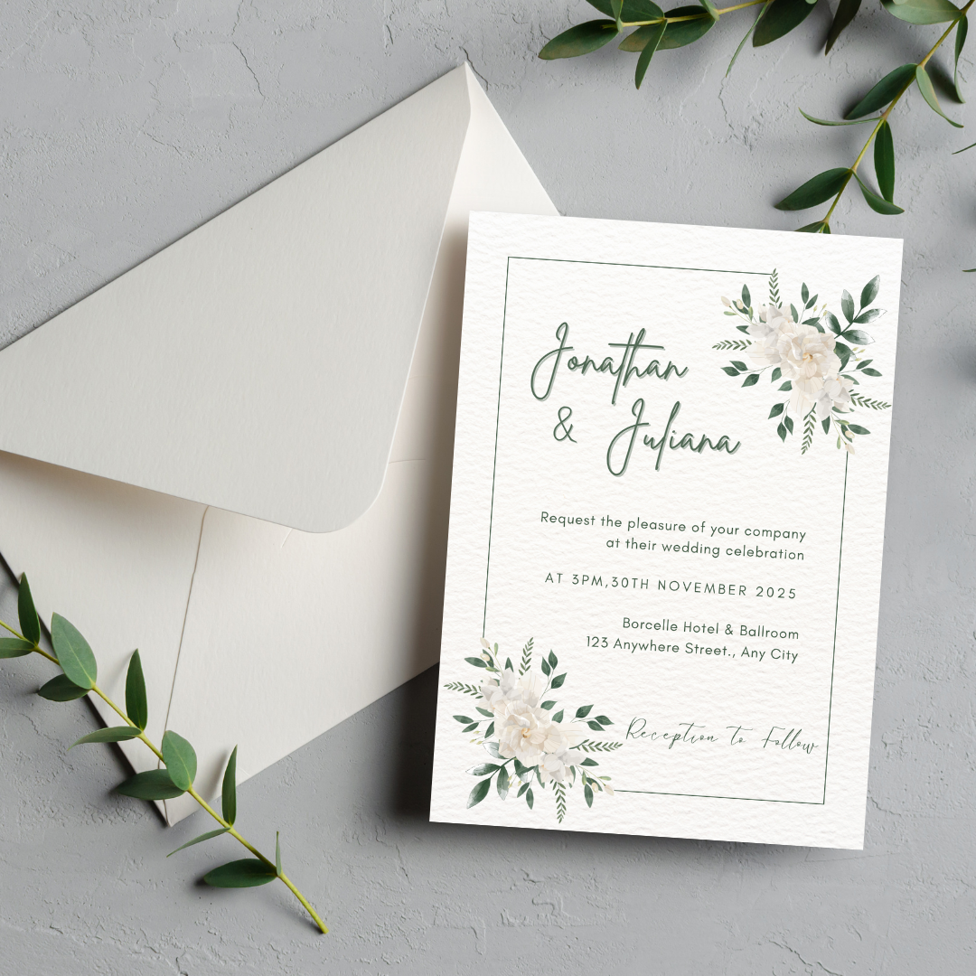 Green & White Floral Wedding Invitation - Editable Canva Template | Instant Download | Elegant Digital Invite