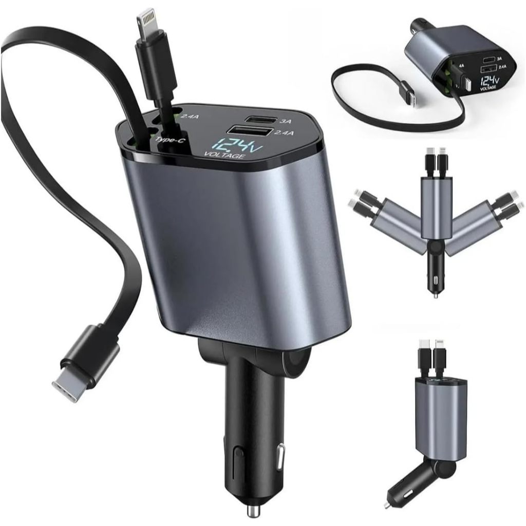 Carregador Veicular 4em1 Retrátil Turbo Cabo Tipo C iPhone USB Display Voltagem Carro 12V 24V
