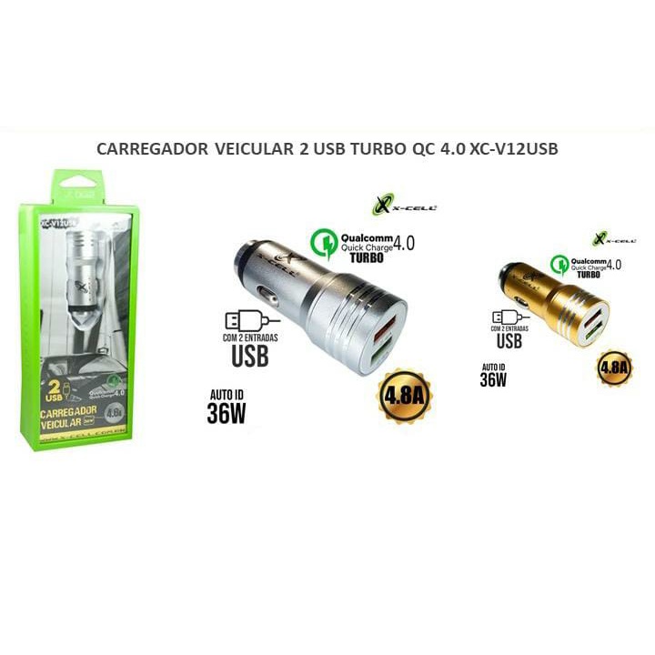 Carregador Veicular Super Rápido Turbo 4.8A 2 Entradas USB X-Cell