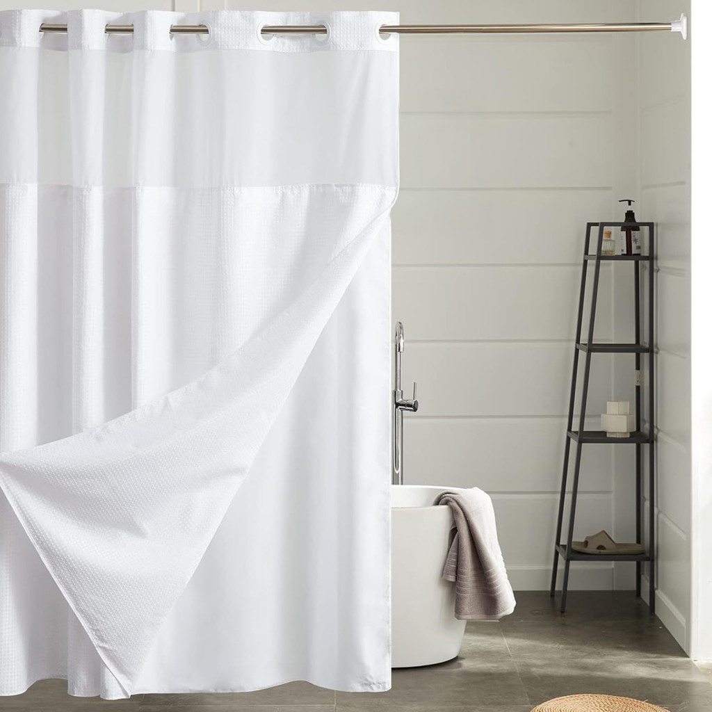 Waterproof Shower Curtain with on Liner Hotel Grade Fabric No-hook Snap-on Mesh Top Machine Washable for Bathroom
