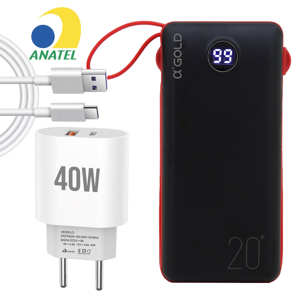 Kit Carregador portatil turbo Powerpank 20.000 mAh Fonte Dual PD 40W Original