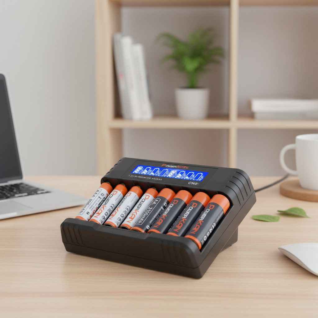 PowerKAN Carregador de 8 Slots para AA/AAA com LCD, Entrada USB-C, Carregamento Individual para Baterias NiMH/NiCd de