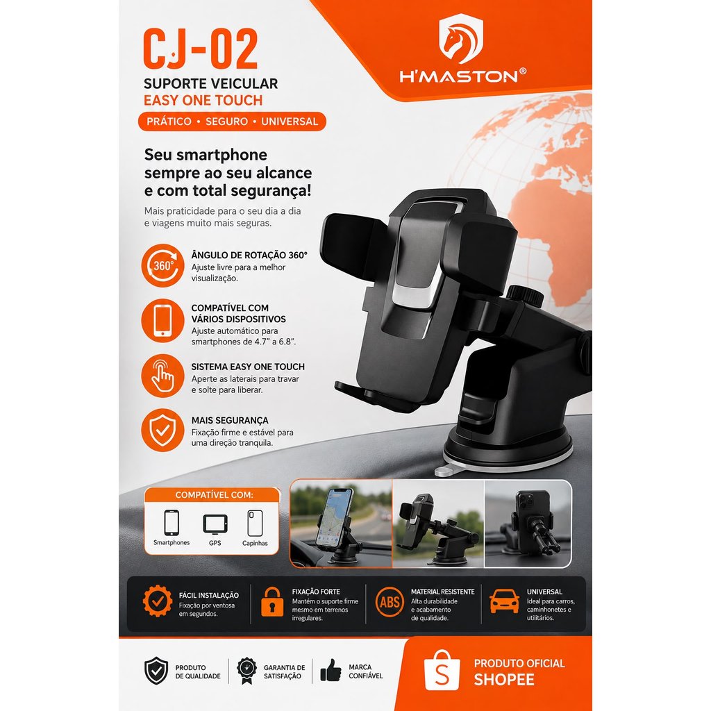 Suporte Veicular H'Maston CJ-02 Celular 360° Easy One Touch Para Painel de Carro Universal