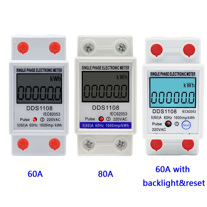 DDS1108 60A 80A Méter único de consumo de energia LCD em fase kWh com função de reinicio AC230V 50/60Hz