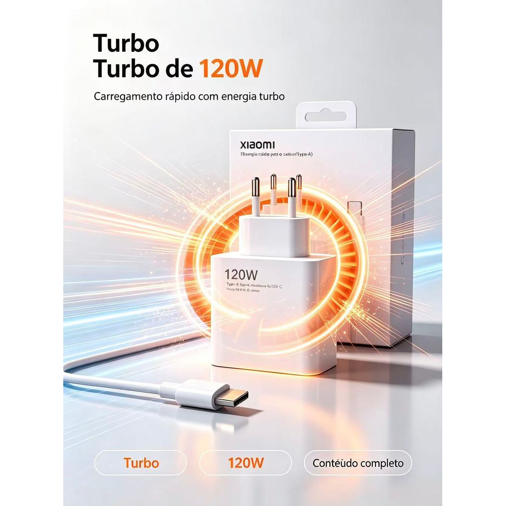 Carregador 120W Rápido 6A | Cabo USB, Cabo Tipo C e Cabo Tipo 1M Compatível com Mi Turbo Charge Turbo Power
