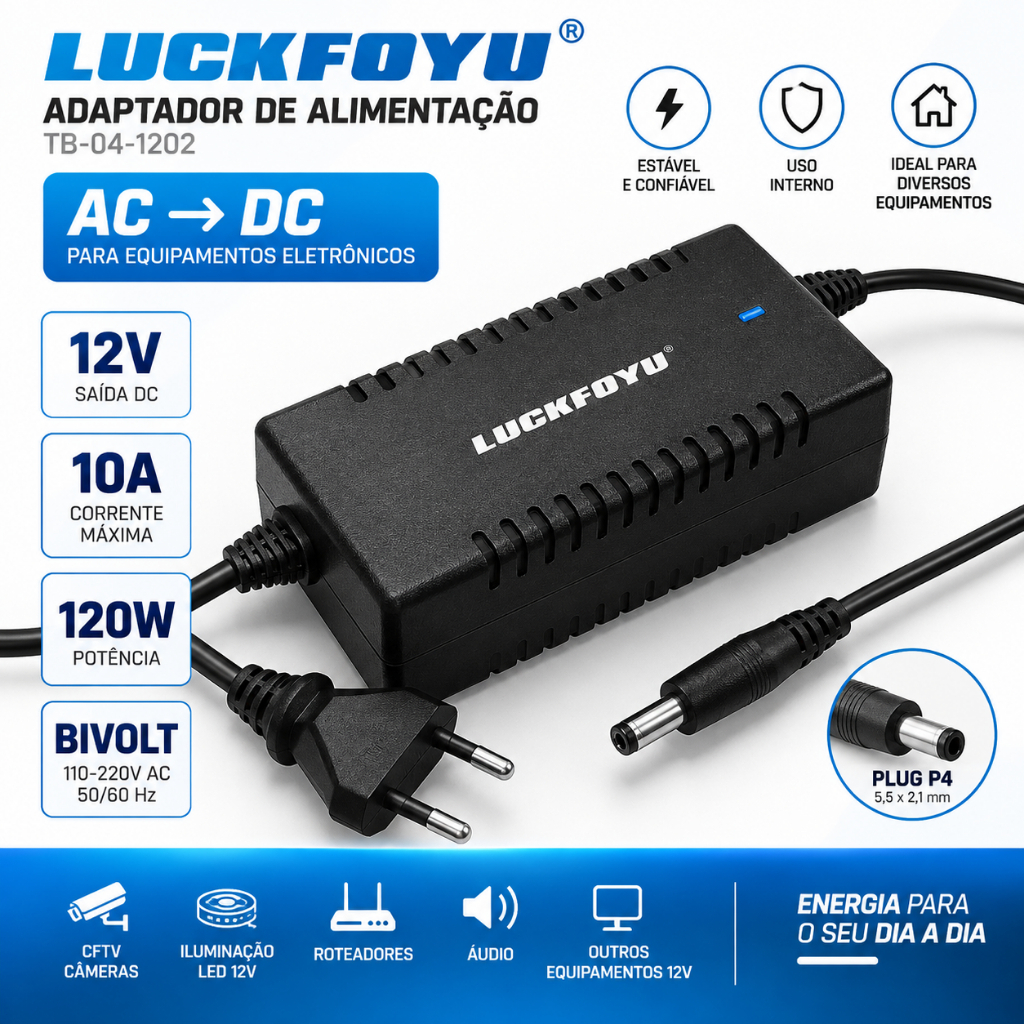 Fonte 12V 10A 120W Bivolt Adaptador AC DC Plug P4 5,5x2,1mm Luckfoyu TB-04-1202
