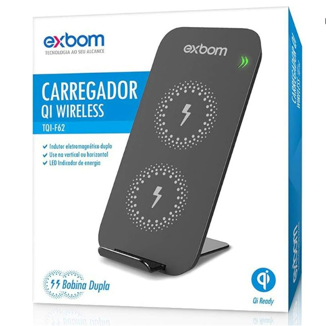 Carregador Qi Wireless com Duplo Sensor de Carregamento Rápido e Led Indicador de Energia Exbom TQI-F62