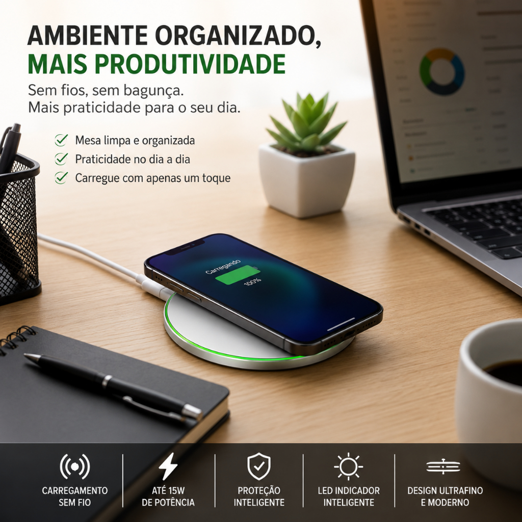 Carregador Wireless Qi 15W Carregamento Rápido por Indução com LED Universal