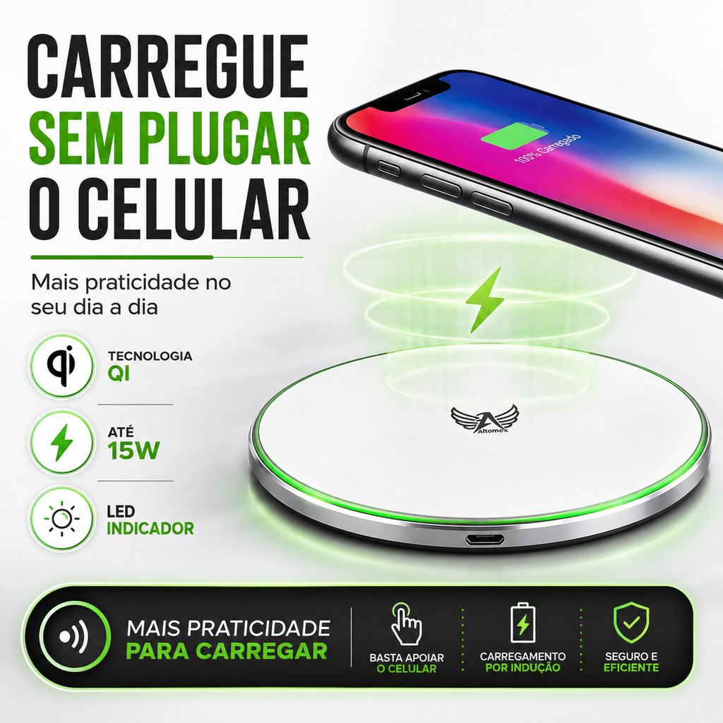 Carregador Sem Fio 15W Indução Qi Rápido Wireless LED Altomex AW-69