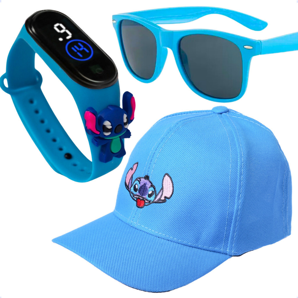Kit Infantil  Boné + Óculos Proteção UV + Relógio Digital Led  Personagem Stitch Qualidade Premium
