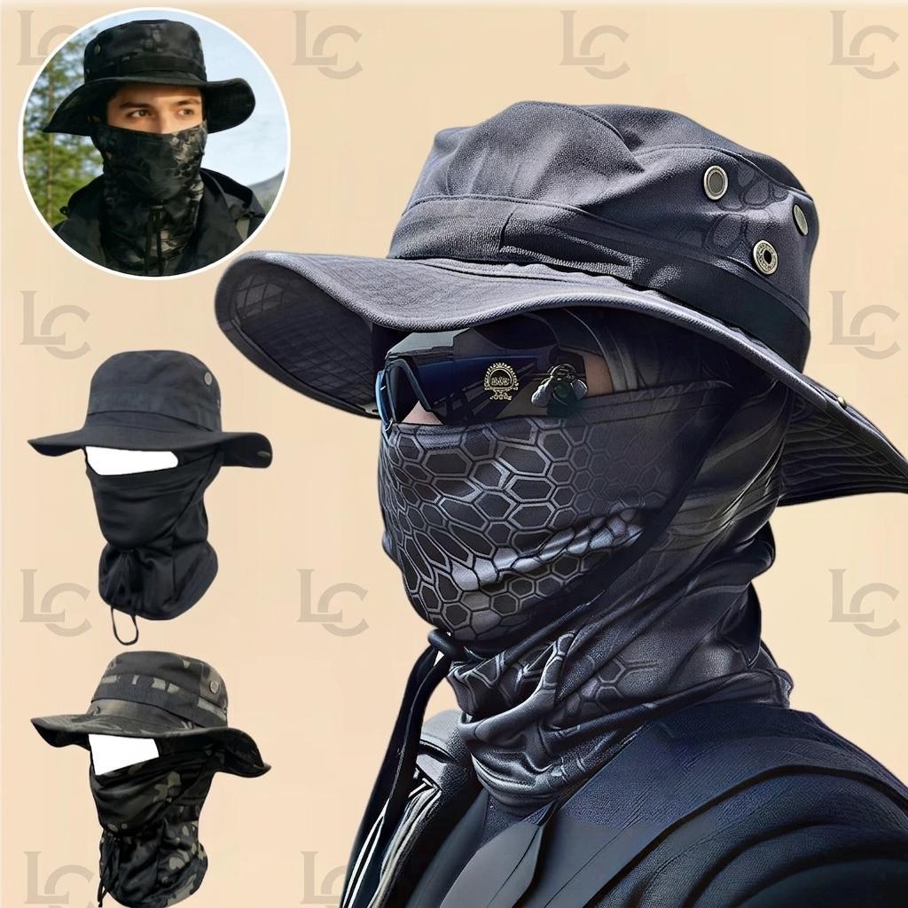 Chapéu Tático Boonie Camuflado digital deserto Com Máscara Proteção Solar UV50+ Pesca Caça Airsoft