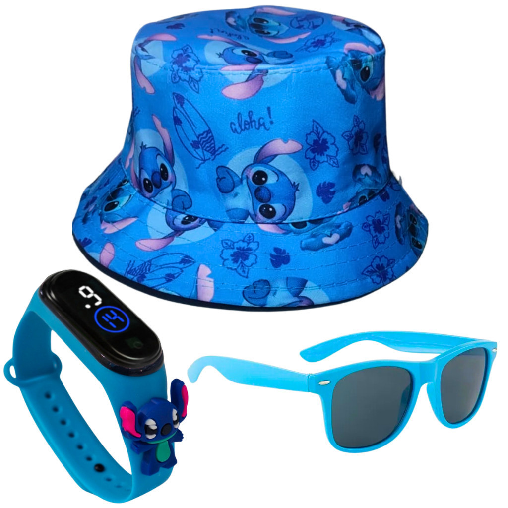 Relógio Digital  Criança + Óculos Sol Proteção + Chapéu Bucket Cordinha Ajustável Moda Praia Verão Para Presente