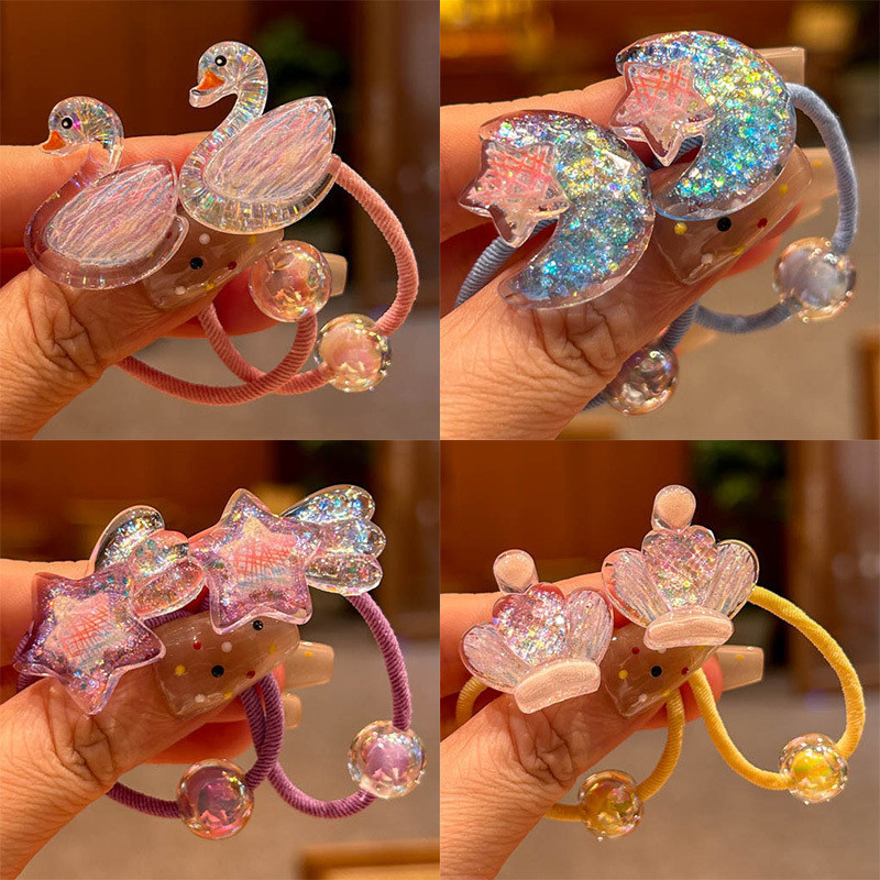 2PCS Lovely Cartoon Beaded Clouds Moon Swan Girls Elastic Hair Bands Princesa Acessórios De Cabelo Crianças Laços Baby Headwear
