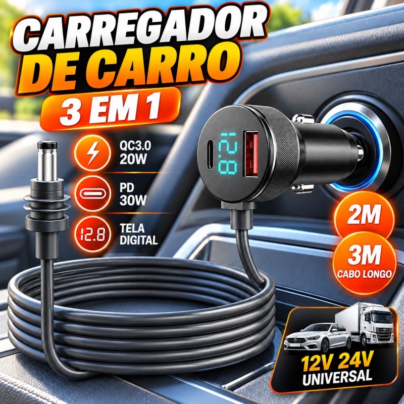 3-PORT Turbo Car Charger with Long DC Cable 2M 3M Digital Voltage Display QC3.0 PD30W 12V 24V Universal - Original