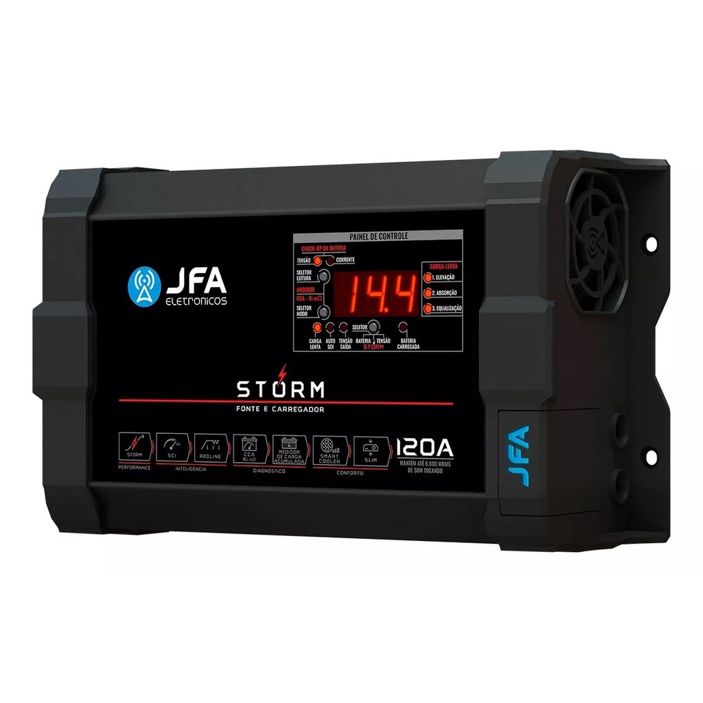 Fonte Automotiva Jfa 120a Slim Bivolt Com Voltímetro Digital Carregador Bateria Som