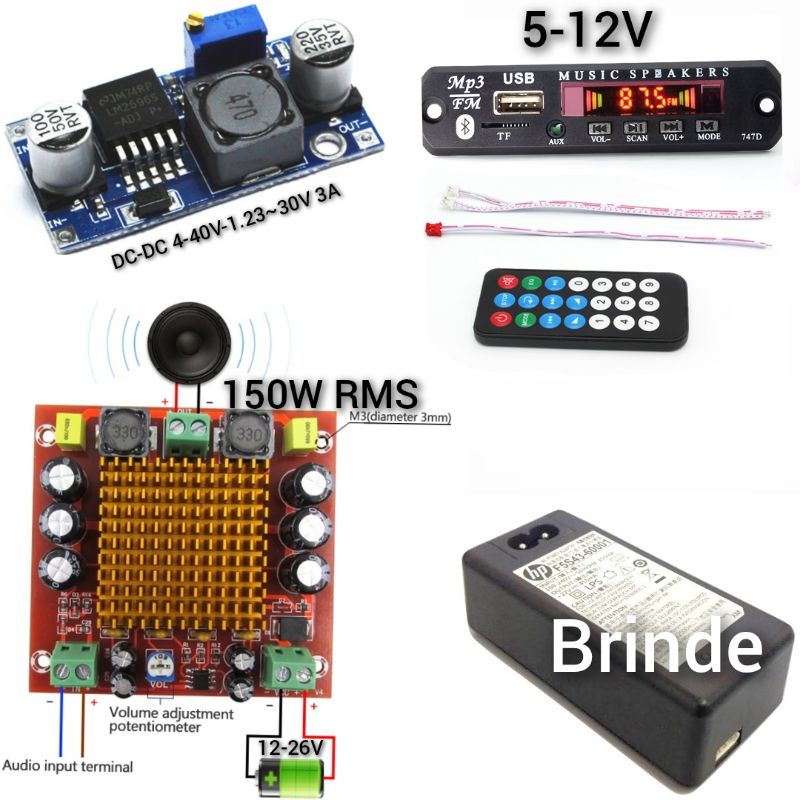 Placa Decodificador Bluetooth amplificadora 150W RMS mono, Fonte de alimentação Conversor Lm2596 DC-DC 4~35V-1.23~30V 3A