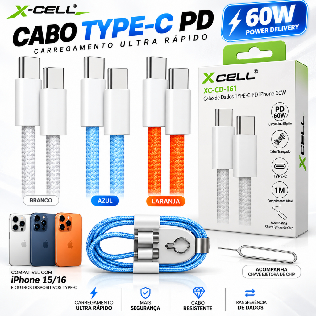 Cabo USB-C para USB-C 60W PD 1 Metro Trançado Nylon com Chip E-Marker Carregamento Rápido