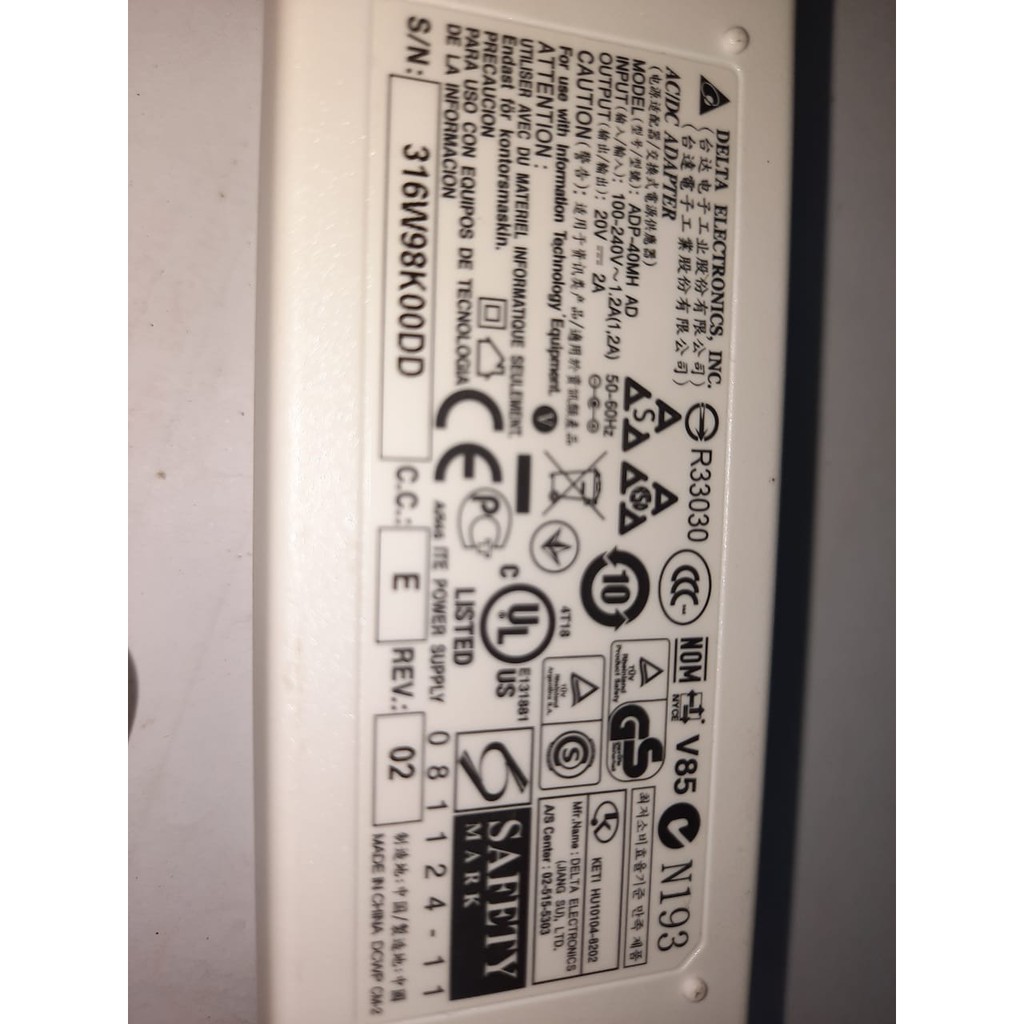 ADAPTADOR/ CARREGADOR PARA NTB MODELO DELTA ELETRONICS ADP40MH AD *20V-2.0A BRANCO