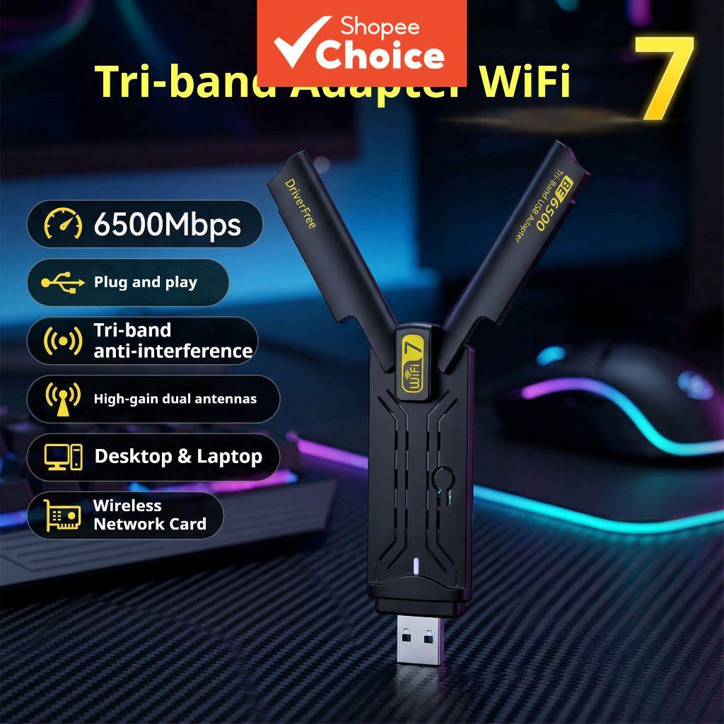 Adaptador USB WiFi 7 BE6500 Tri-Band 6500Mbps, Placa de Rede Wireless USB 3.0, Drivers gratuitos para Windows 10/11 PC
