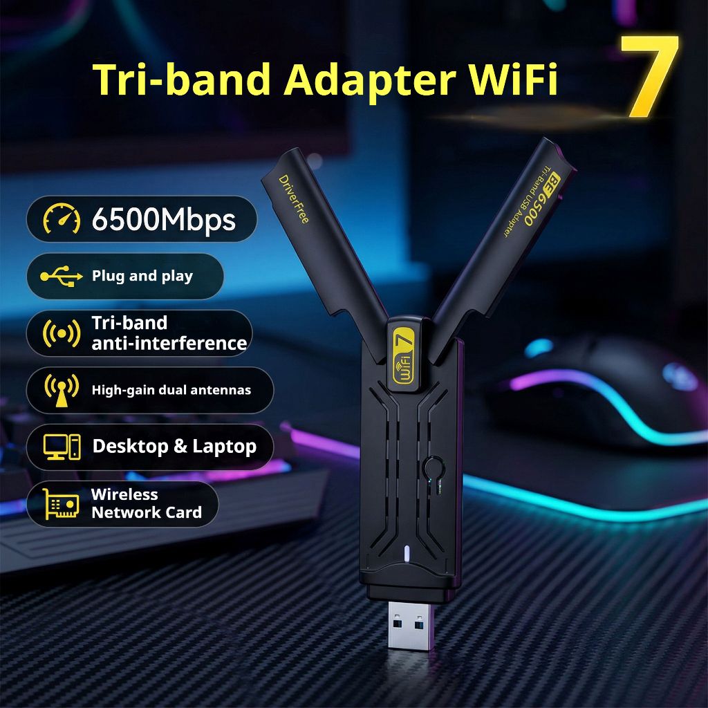 Adaptador USB WiFi 7 BE6500 Tri-Banda 6500Mbps Placa de Rede Wireless USB 3.0 Driver Livre para Windows 10/11