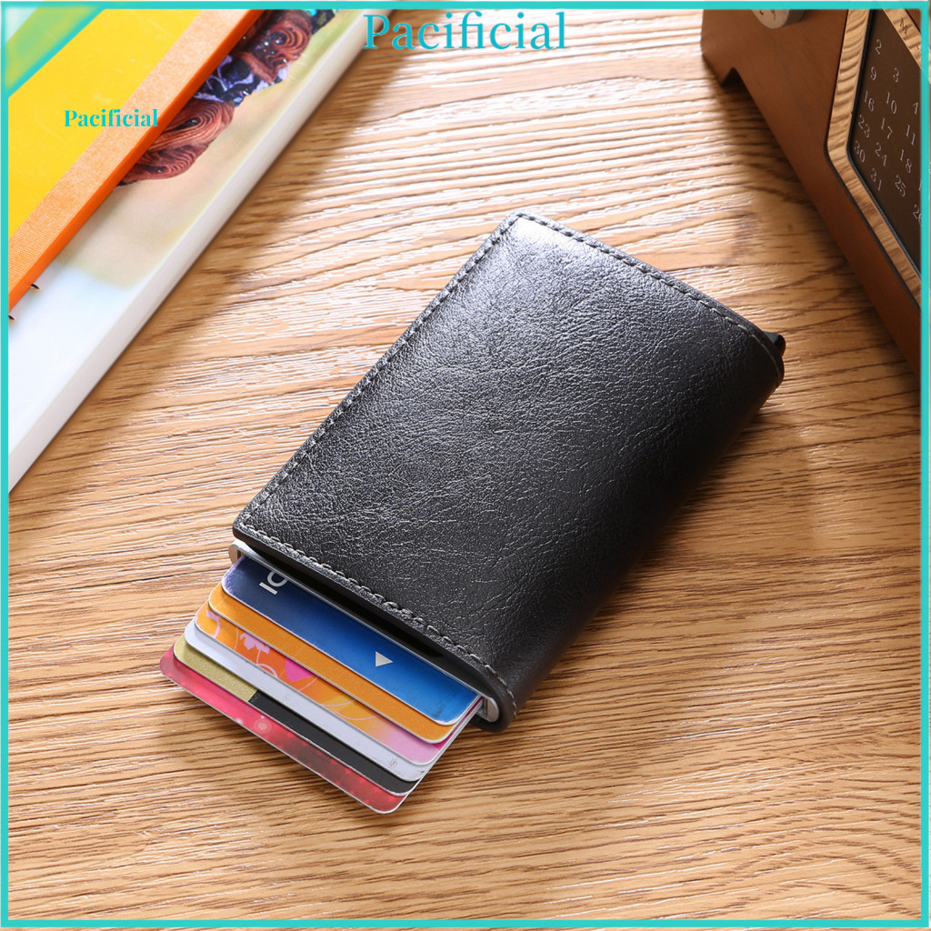 Thin Card Holder Men Wallet Men’s Rfid Blocking Trifold – Slim Faux Leather Pop-up with Metal Aluminum Case Secure T