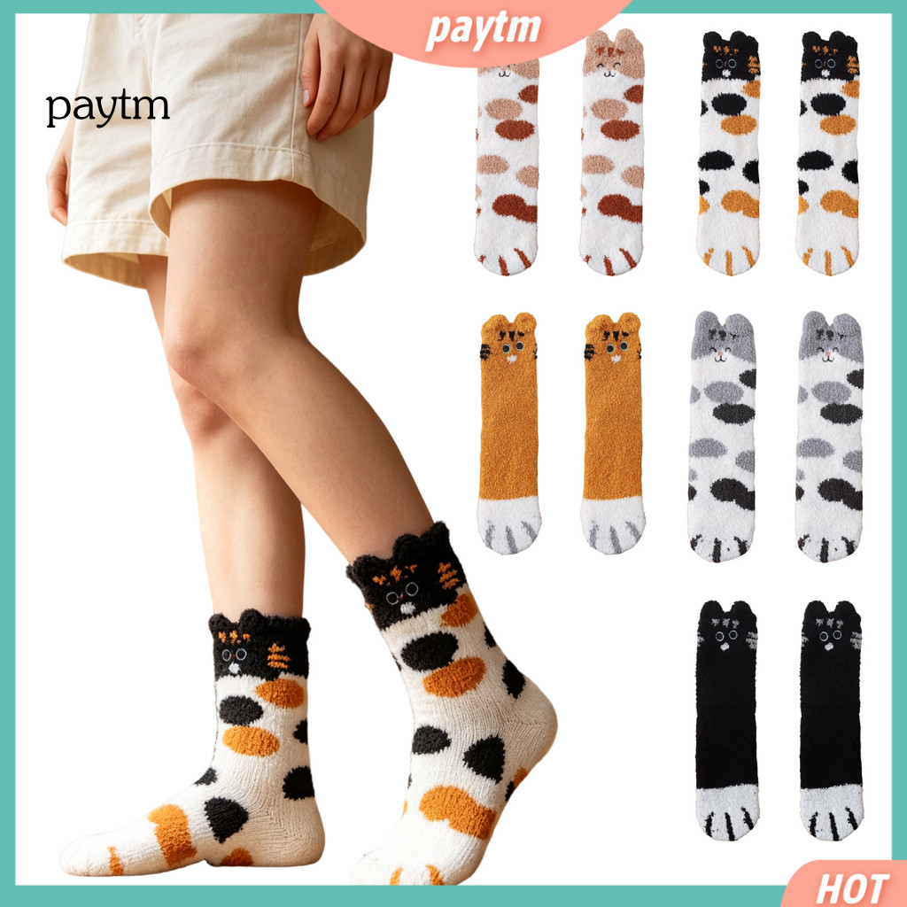 Soft Polyester Cotton Socks Cute Cat Paw Cozy Fuzzy for Women – Warm Plush Coral Fleece Slipper Winter Autumn Sleeping