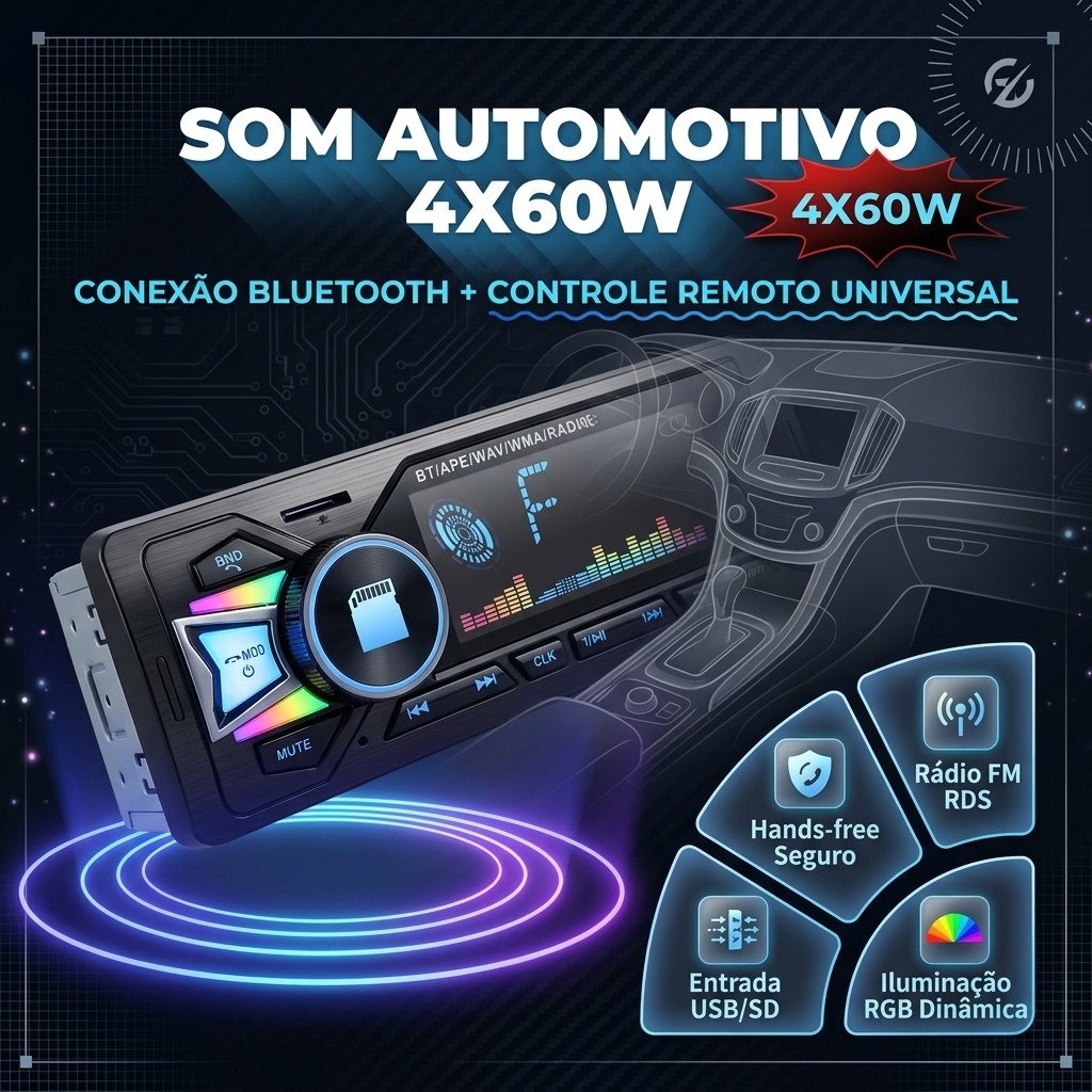 Rádio Para Carro Bluetooth MP3 Player 4x60w Potente Entrada Pen Drive Cartão Sd Auxiliar Com Controle Remoto