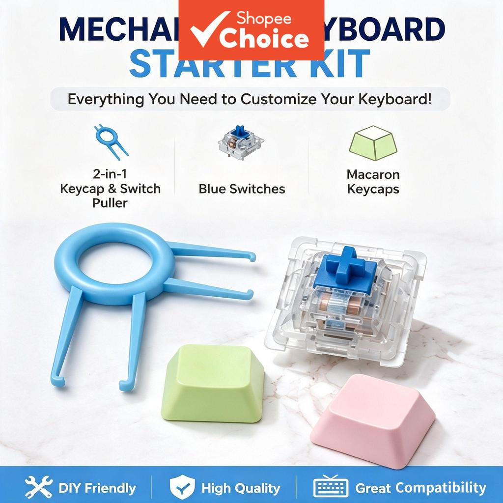 Kit Inicial de Teclado Mecânico ITLY | Interruptores Azuis Clique + Keycaps OEM Macaron + Kit de Ferramentas 2 em 1