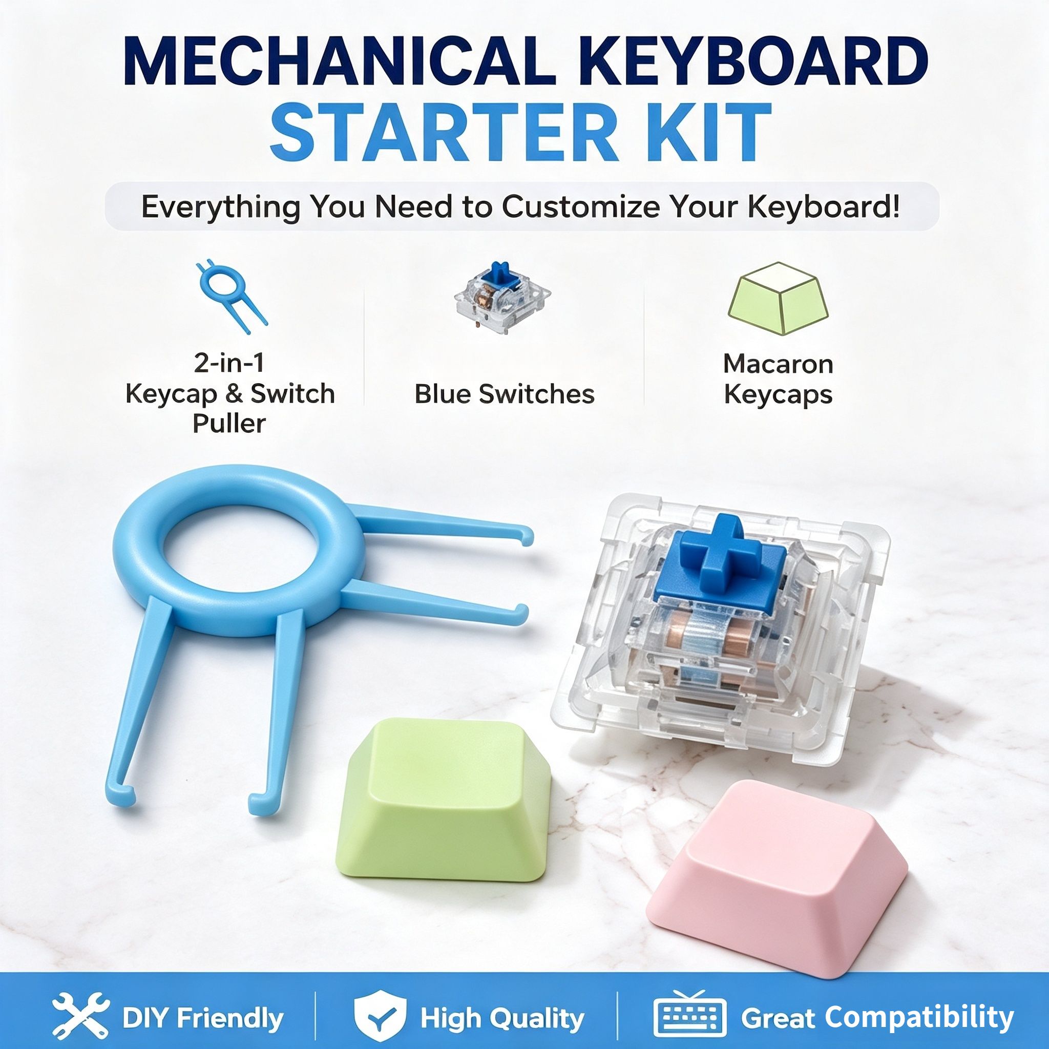 Kit Inicial de Teclado Mecânico ITLY | Interruptores Blue Clicky + Keycaps OEM Macaron + Ferramenta Extratora de Keycap