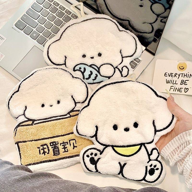Cute Puppy Coral Fleece Hanging Kitchen Towel Thickened Dormitory Handkerchief Rag Household Absorbent Towel CGww