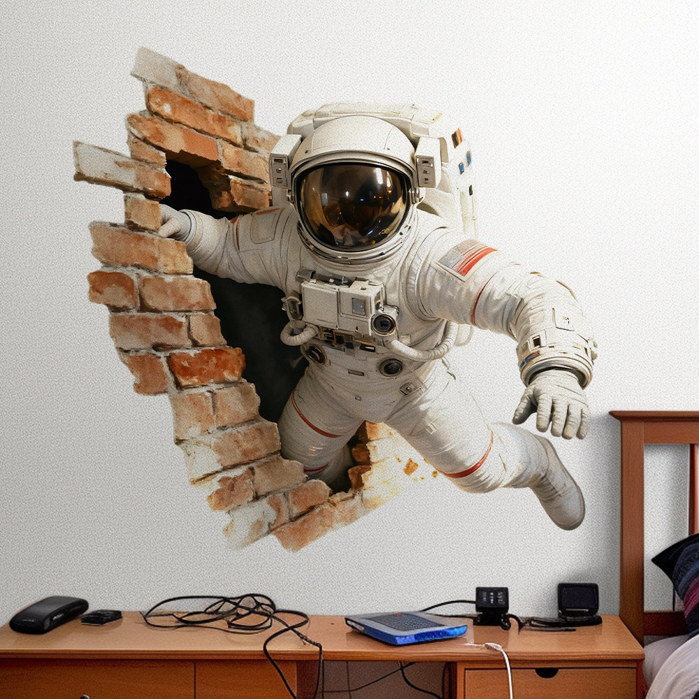 Falso 3D Plano 2D Buraco Quebrado Astronauta Adesivos De Parede Decalques Autoadesivos Desenhos Animados Decoração De Qu