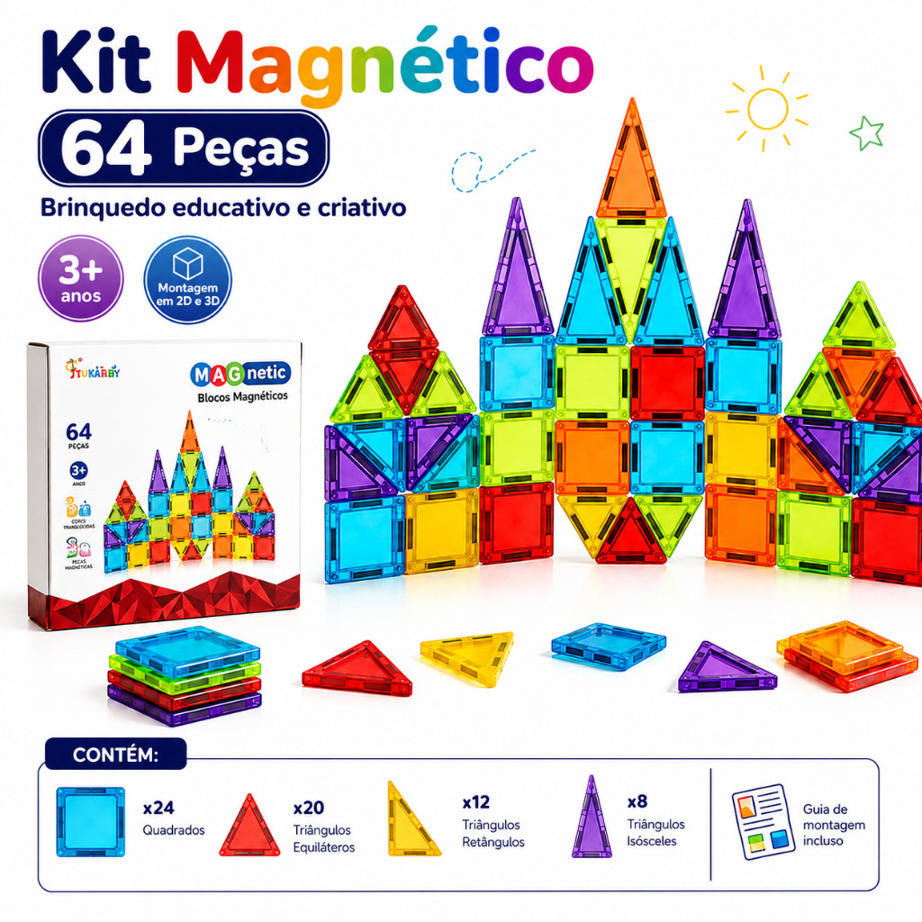 Blocos Magnéticos 64 Peças Brinquedo Educativo Infantil de Montar Construção Criativa 2D 3D