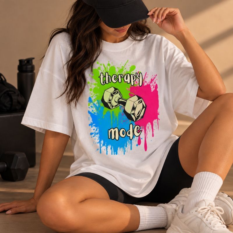 Camiseta Feminina Oversized Academia 100% Algodão Estampada Therapy Mode Fitness Treino