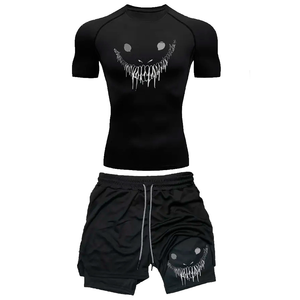 Kit Camiseta Compressão e Short 2 em 1 Dry Fit Compressão Smile Bersek Mode Gym Treino